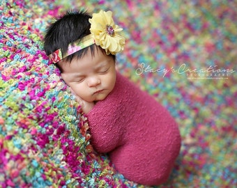 Beautiful Ava Yellow Flower Headband with Hot Pink and Yellow Vintage Floral Elastic Headband - Baby Headband - Newborn Photo Prop