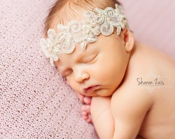 Audrey in Gold Lace Pearl Headband, Newborn Headband, Newborn Photo Prop, Baptism Headband, Christening Headband, Baby Headband