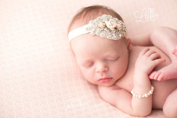 Marilyn Gorgeous Rhinestone and Peach Floral Accent Headband, Baby Halo, Beautiful Newborn Photo Prop, Baby Headband, Newborn Prop