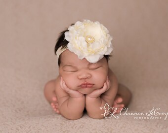 Delaney, Ivory Flower Headband, Newborn Headband, Toddler Headband, Ivory Headband, Baptism Headband, Christening Headband