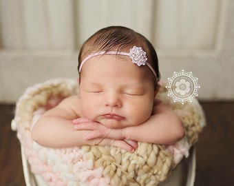 Pink Rhinestone Flower Headband / Pink Headband / Newborn Headband / Baby Headband / Petite Headband / Baby Girl Headband / Simple Headband
