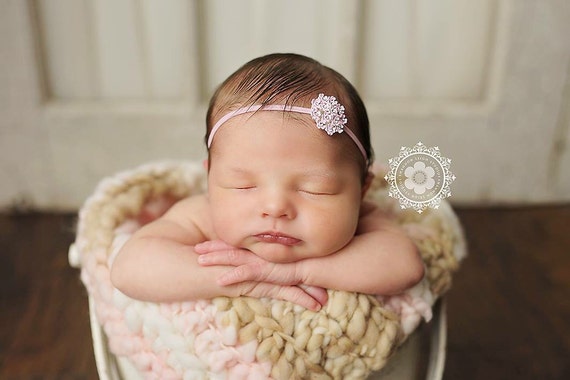 Pink Rhinestone Flower Headband / Pink Headband / Newborn Headband / Baby Headband / Petite Headband / Baby Girl Headband / Simple Headband