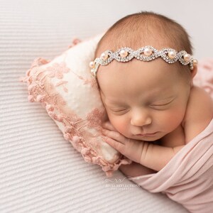 Pink Floral Newborn Pillow / Rhinestone Pearl Headband / Baby Girl Prop / Newborn Photo Prop / Baby Headband / Newborn Pillow Prop