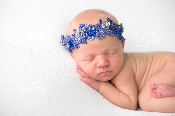 Royal Blue and Silver Iridescent Lace Pearl Sequin Headband Halo Tiara Beautiful Newborn Photo Prop Baby Headband Newborn Headband