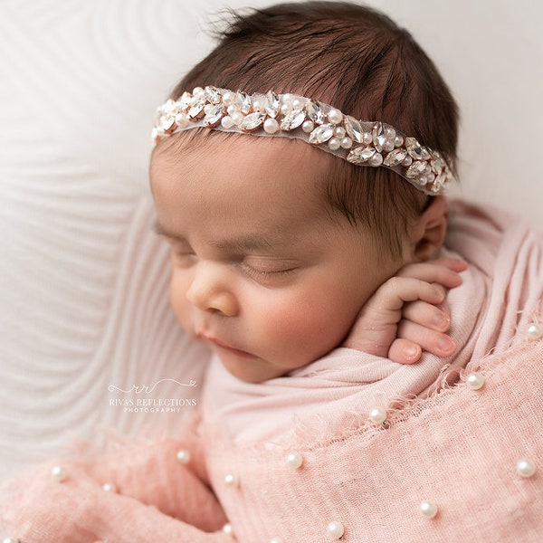 Rhinestone Pearl Headband / Baby Girl Headband / Newborn Prop / Rhinestone Headband / Newborn Headband / Christening Headband