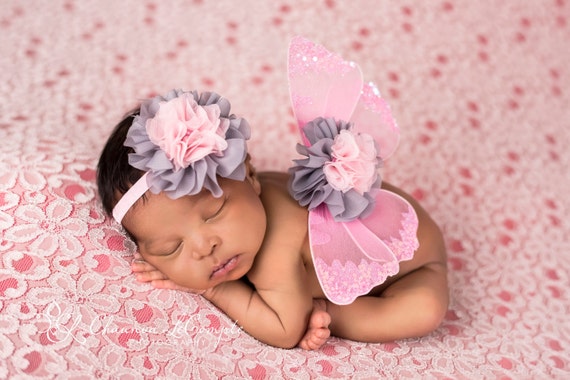 READY TO SHIP, Pink and Grey Butterfly Wing Set, Newborn Wings, Newborn Wing Prop, Baby Wing Prop, Newborn Photo Prop, Newborn Butterfly Set