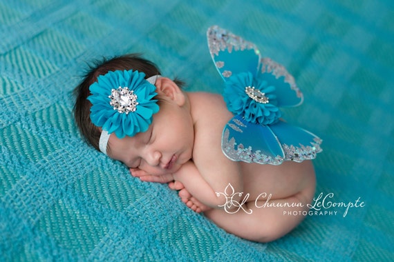 Turquoise and Silver Butterfly Wing Set, Newborn Wings, Newborn Wing Prop, Baby Wing Prop, Newborn Photo Prop, Newborn Butterfly Wings