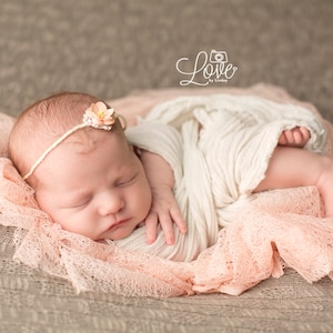Lynn Peach Flower and Rhinestone Headband, Baby Headband, Baby Tie Back, Newborn Photo Prop,  Simple Headband, Organic Headband