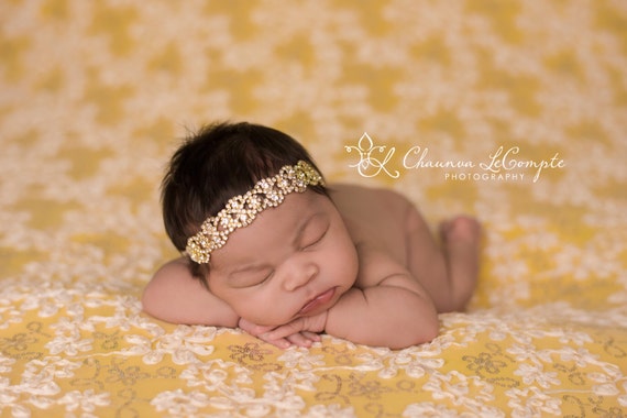 Gold Rhinestone Headband, Gold Leaf Headband, Gold Rhinestone Leaf Headband, Newborn Headband, Newborn Photo Prop, Baby Girl Headband