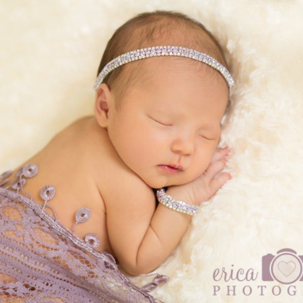 Stunning Fit for a Queen Newborn Violet and Clear Rhinestone Baby Headband and Bracelet Set Halo Baby Crown Photo Prop
