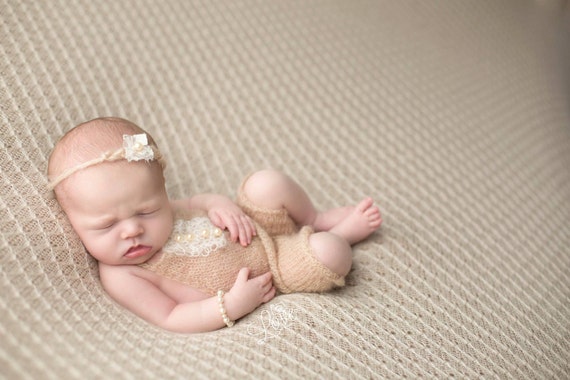 Beige Mohair Romper / Photo Prop / Mohair Photo Prop / Mohair Romper / Newborn Photo Prop / Beige Knit Romper / Beige Tie Back / RTS