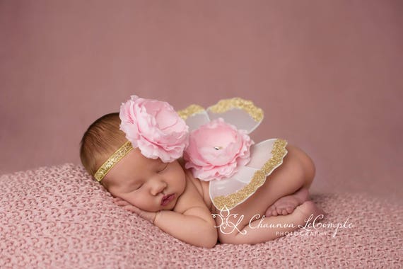 Gold and Baby Pink Butterfly Wing Set, Newborn Wings, Newborn Wing Prop, Baby Wing Prop, Newborn Photo Prop, Newborn Butterfly Wings