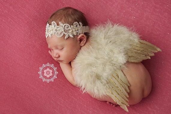 Tan Glitter Angel Wing and Lace Headband, Newborn Wings, Newborn Angel Wings, Newborn Wing Prop, Angel Wing Prop, Newborn Ph