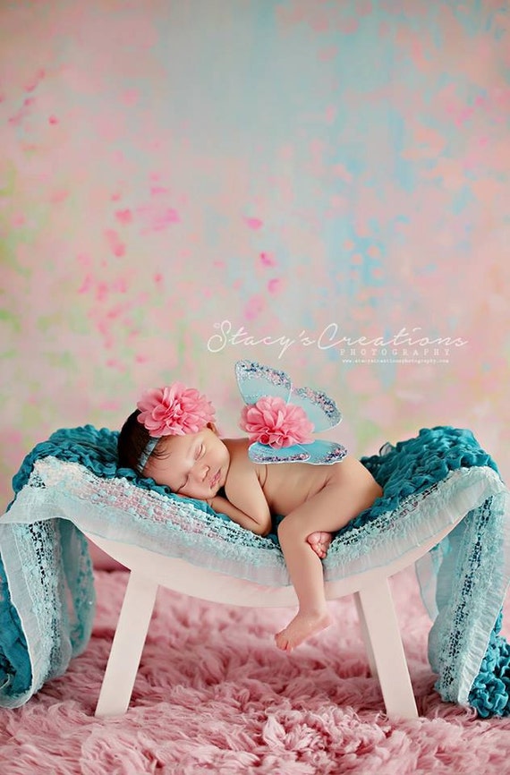 Turquoise and Coral Butterfly Wing Set, Newborn Wings, Newborn Wing Prop, Baby Wing Prop, Newborn Photo Prop, Newborn Butterfly Wings