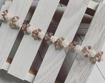 Rose Gold Rhinestone Flower Headband / Baby Girl Headband / White Flower Headband / Flower Girl Headband / Rhinestone Headband