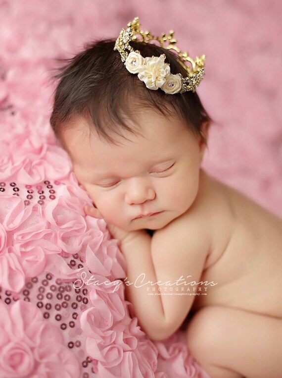Gold Austrian Crystal Rhinestone Crown, Princess Crown, Newborn Crown, Newborn Baby Prop, Mini Crown, Newborn Photo Prop, Ivory Flower Crown