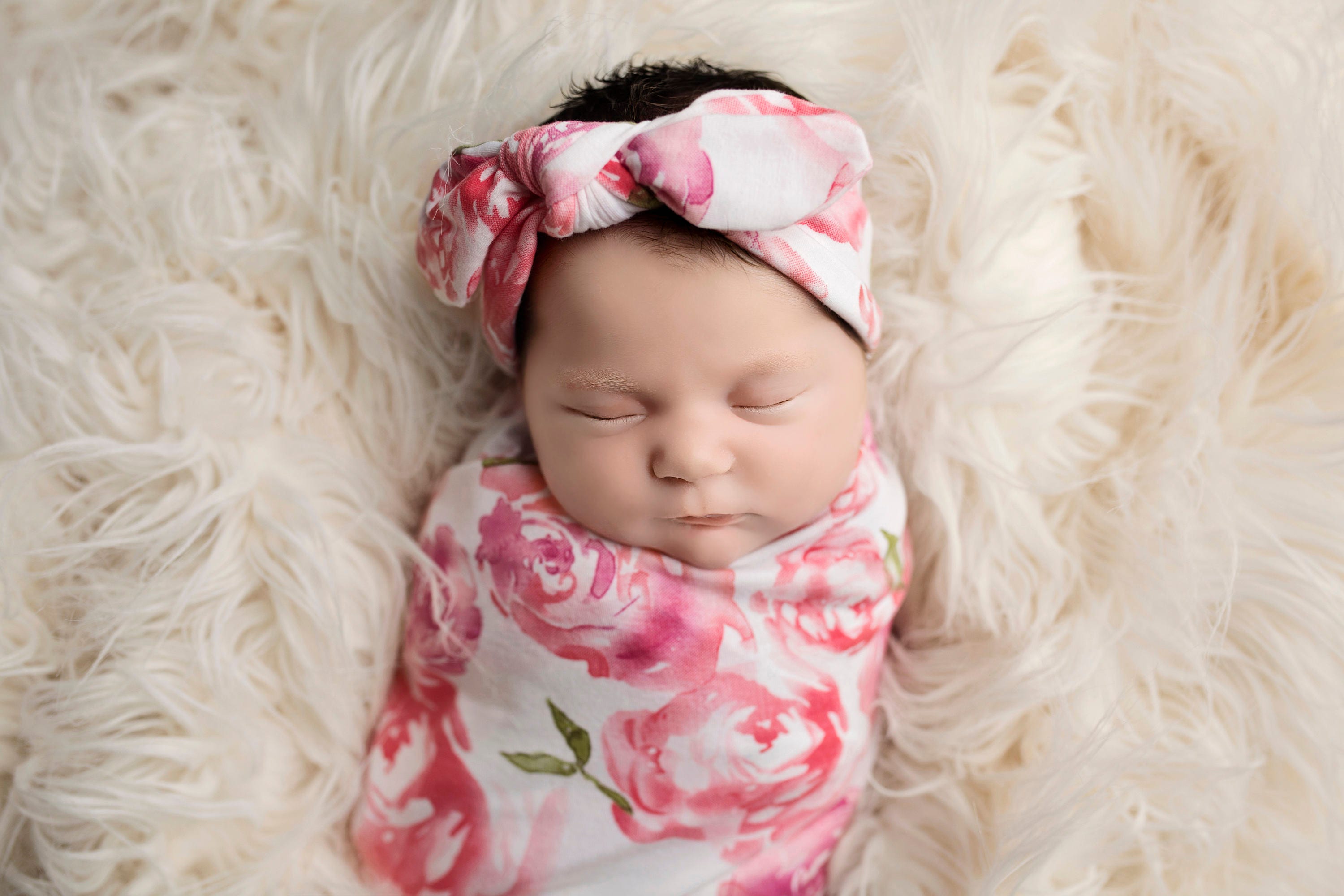 Knit Swaddle Blanket, Knot Headband, Headband Swaddle Set, Pink Floral