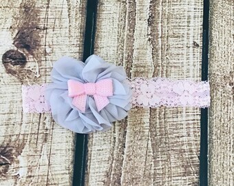Pink Lace Headband / Gray and Pink Flower Headband / Baby Girl Headband / Baby Headband / Photo Prop / Newborn Prop / Baby Girl Photo Prop