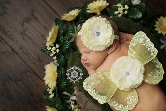 SALE Yellow Couture Fairy Wing and Baby Headband Set Rhinestone Beautiful Newborn Photo Prop Infant Toddler Many Colors available