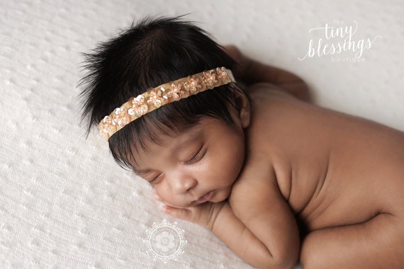 Petite Elegance Collection Petite Amber Gold Sequin Halo Floral Baby Headband or Tie Back Beautiful Newborn Photo Prop Baby Tie Back