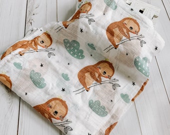 Sloth Muslin Swaddle Blanket / Muslin Blanket / Lightweight Blanket / Rainbow Baby Swaddle / Soft Blanket / Hospital Blanket / Sloth Blanket