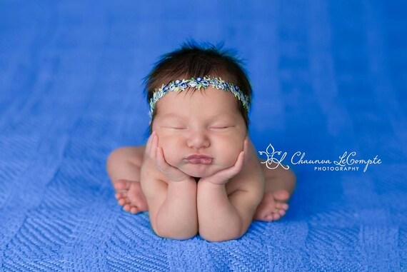 Petite Elegance Collection Petite Floral Headband or Tie Back in Blue Beautiful Newborn Photo Prop Baby Headband