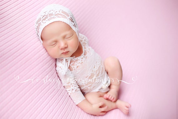 Lace Romper and Bonnet / Newborn Romper / Newborn Lace Romper / Ivory Lace Newborn Romper / Lace Bonnet / Newborn Photo Prop / RTS