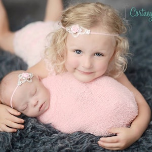 Pink Flower and Rhinestone Headband, Sister Set, Rhinestone Headbands, Newborn Prop, Photo Prop