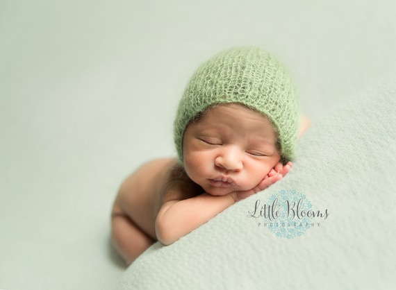 Newborn Bonnet / Green Knit Pants / Mohair Photo Prop / Mohair Bonnet / Newborn Photo Prop / Newborn Knit Outfit / Green Bonnet / RTS