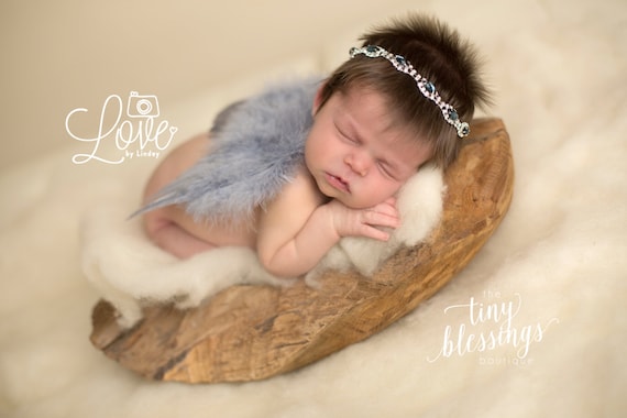 Angel Baby Couture Gray Angel Wings and Navy Rhinestone Headband Set Beautiful Newborn Photo Prop Infant Newborn Wing Set Newborn Prop