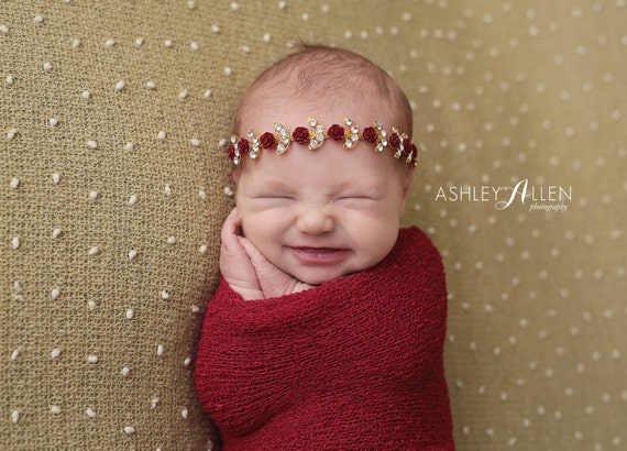Maroon and Gold Rhinestone Headband and Stretch Wrap, Newborn Photo Prop, Newborn Wrap, Photo Prop, Wrap Set, Fall Photo Prop