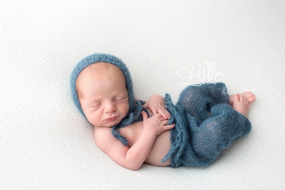 Newborn Pants / Blue Knit Pants / Mohair Photo Prop / Mohair Bonnet / Newborn Photo Prop / Newborn Knit Outfit / Blue Bonnet / RTS