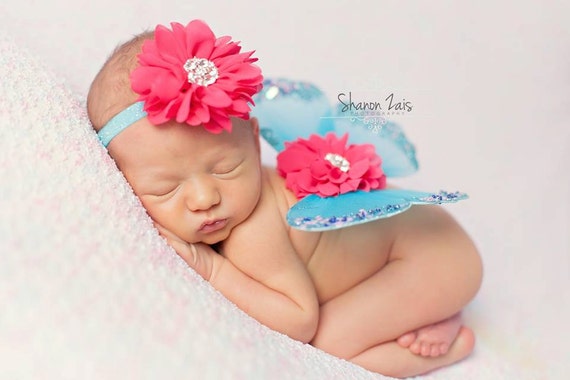 Turquoise and Hot Pink Butterfly Wing Set, Newborn Wings, Newborn Wing Prop, Baby Wing Prop, Newborn Photo Prop, Newborn Butterfly Wings