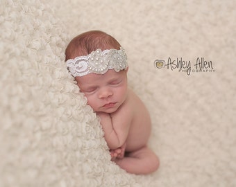 White Rhinestone Lace Halo, White Lace Headband,  Beautiful Newborn Photo Prop,  Newborn Headband, Baptism Headband, Christening Headband