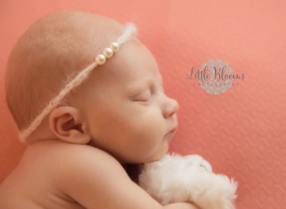 Ready to Ship, Ivory Mohair and Pearl Tie Back, Mohair Halo, Mohair Headband, Organic Headband, Newborn Photo Prop, Newborn Headband