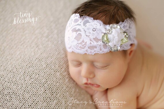 READY TO SHIP, Rhinestone Headband, Lace Headband, Baby Girl Headband, Christening Headband, Baptism Headband, Photo Prop, Newborn Prop