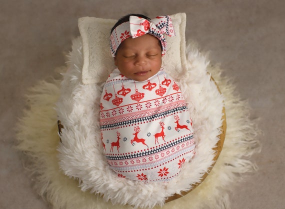Santa Swaddle Blanket / Bow Headband / Headband Swaddle Set / Lightweight Blanket /Swaddling Blanket / Soft Baby Blanket / Christmas Swaddle