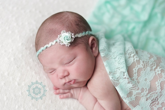 Aqua Flower and Rhinestone Tie Back and Lace Wrap, Beautiful Newborn Photo Prop, Baby Tie Back, Newborn Photo Prop