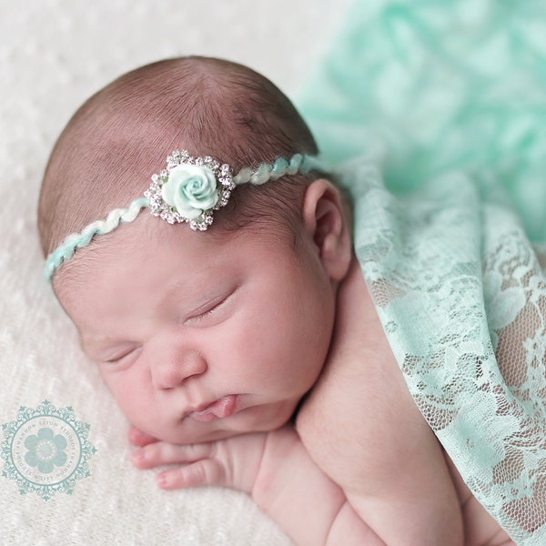 Aqua Flower and Rhinestone Tie Back and Lace Wrap, Beautiful Newborn Photo Prop, Baby Tie Back, Newborn Photo Prop