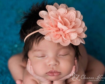 Peach Flower Headband, Flower Headband, Chiffon Headband, Peach Headband, Baby Girl Headband, Lace Headband