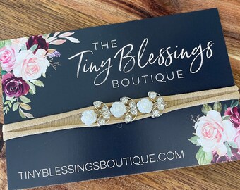 Rhinestone Flower Headband / Baby Girl Headband / White Flower Headband / Flower Girl Headband / Rhinestone Headband / Petite Headband