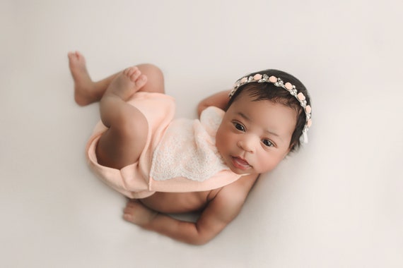 Peach Lace Knit Romper and Headband Newborn Photo Prop Knit Photo Prop  Newborn Romper