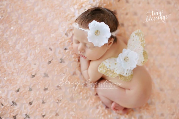 Light Aqua and Gold Mini Butterfly Wing Set, Newborn Wings, Newborn Wing Prop, Baby Wing Prop, Newborn Photo Prop, Newborn Butterfly Wings