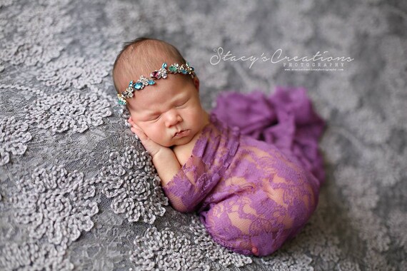 Purple and Aqua Rhinestone Headband and Lace Wrap, Newborn Photo Prop, Newborn Wrap, Rhinestone Headband