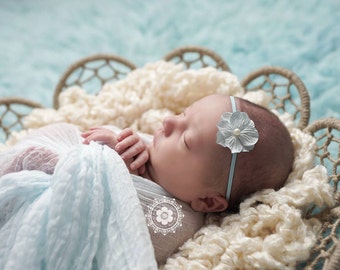 Light Blue Flower Pearl Headband / Blue Headband / Newborn Headband / Baby Headband / Petite Headband / Baby Girl Headband / Newborn Prop