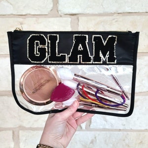Bolsa Glam / Bolsa de carta de chenille / Bolsa transparente com remendos / Remendos de carta do time do colégio / Presente personalizado / Zíper dourado / Presente para amigo