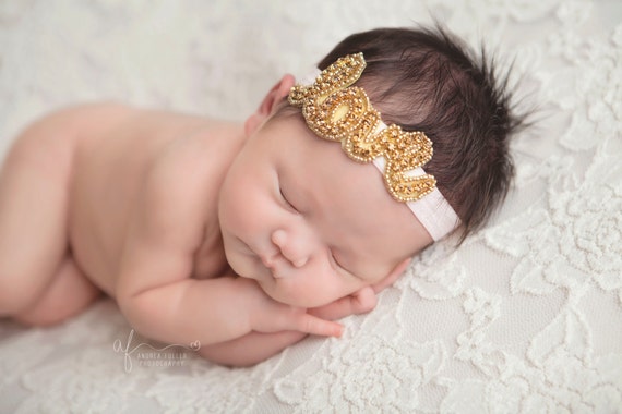 Love Headband, Rhinestone Headband, Gold Headband, Love Gold Rhinestone Headband, Newborn Headband, Baby Headband, Baby Girl Headband