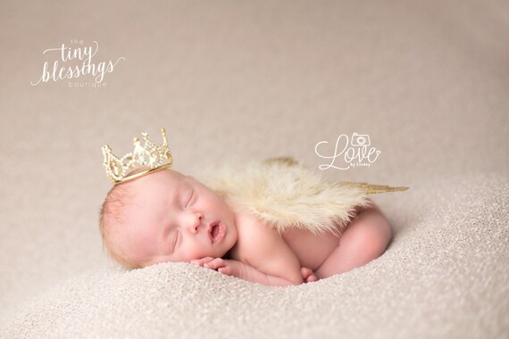 Couture Fairy Baby Gold Glitter Angel Baby Wing and Gold Rhinestone Crown Set Beautiful Newborn Photo Prop Infant Newborn Wing Set