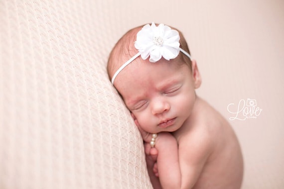 Grace in White Flower Headband, Beautiful Newborn Photo Prop, Baby Headband, Newborn Headband, Photo Prop