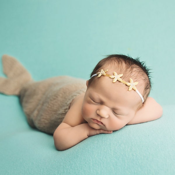 Beige Mermaid Swaddle Sack / Mermaid Photo Prop / Newborn Mermaid Sack / Starfish Tie Back / Newborn Photo Prop / Knit Mermaid Tail / RTS